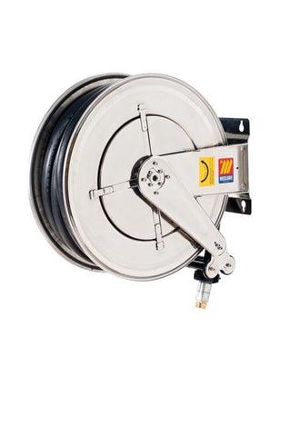 070-2508-520 - Stainless steel automatic hose reel AISI 304 fixed for diesel 10 bar Mod. FX-555 83 l/m with antistatic black rubber hoses 20M 3/4"